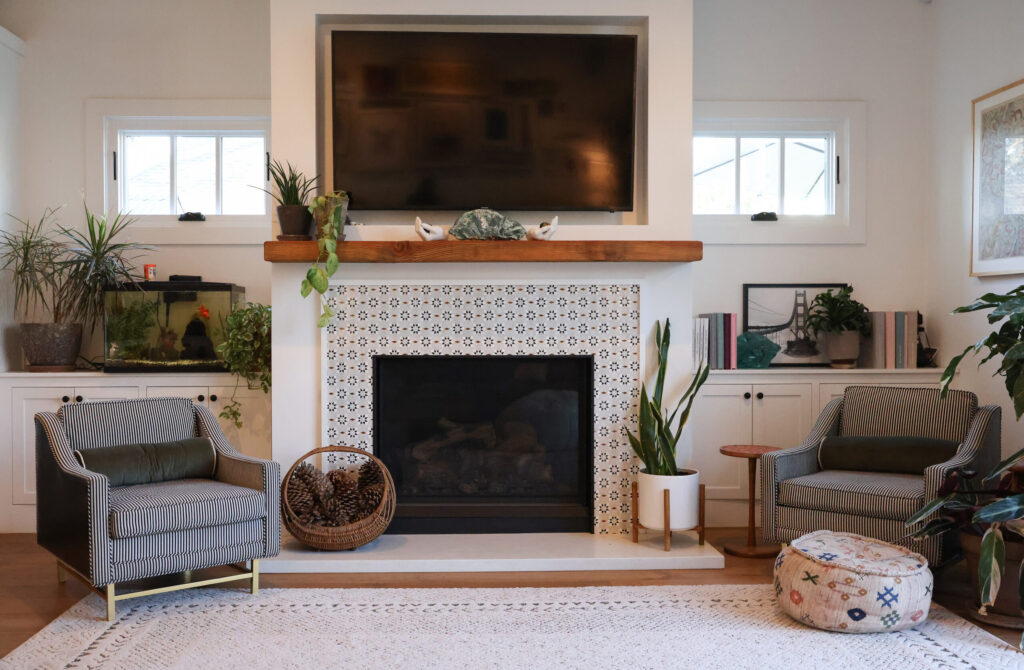 Living room fireplace in Jake and Corrin Messing’s home in Healdsburg on Friday, February 6, 2026. (Christopher Chung/The Press Democrat)