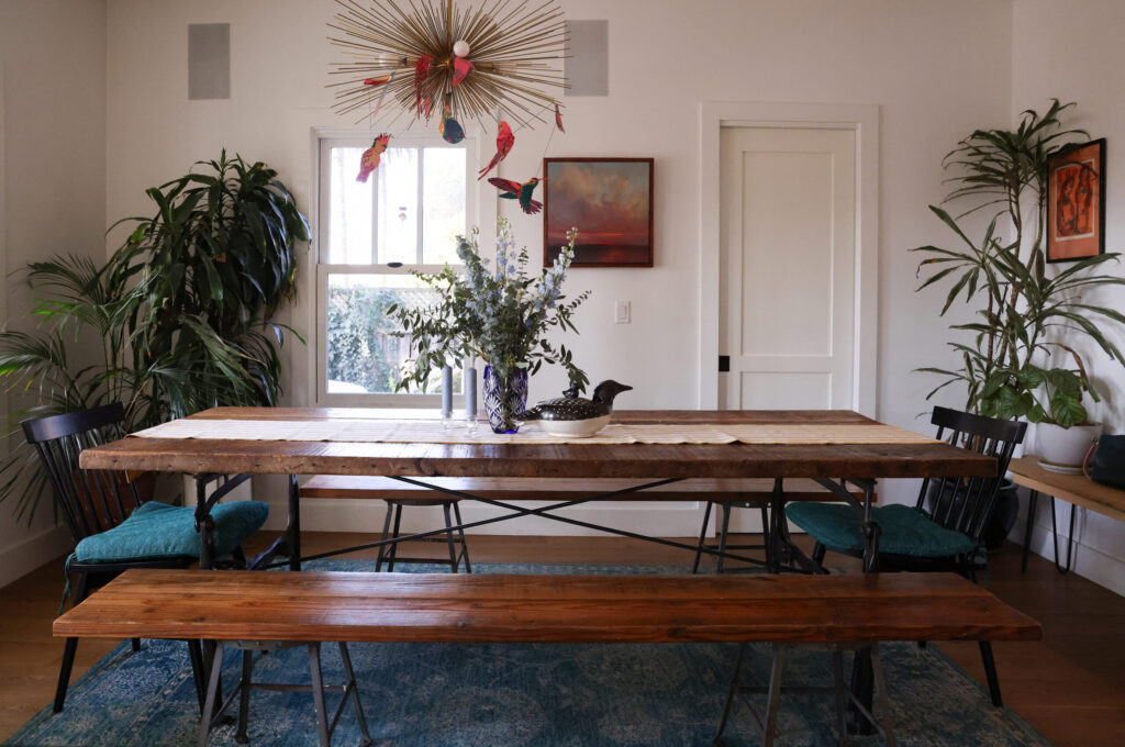 Jake Messing made his dining room table with salvaged material when he lived in New York. Photo taken in Healdsburg on Friday, February 6, 2026. (Christopher Chung/The Press Democrat)