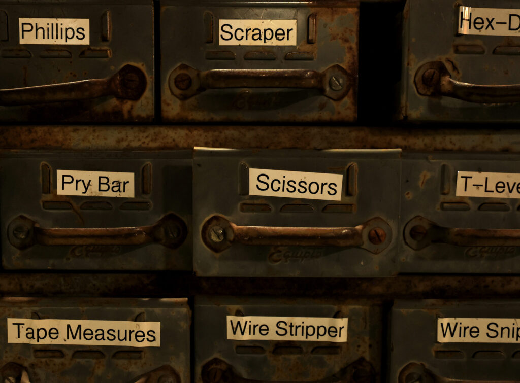 Storage for various tools at Schnitzkraft Steel Artistry in Santa Rosa, Tuesday, Feb. 10, 2026. (Kent Porter / The Press Democrat)
