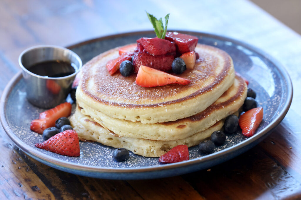 Buttermilk pancakes with fruit at Parkside Eats in Santa Rosa Monday, April 13, 2026. (Beth Schlanker / The Press Democrat)