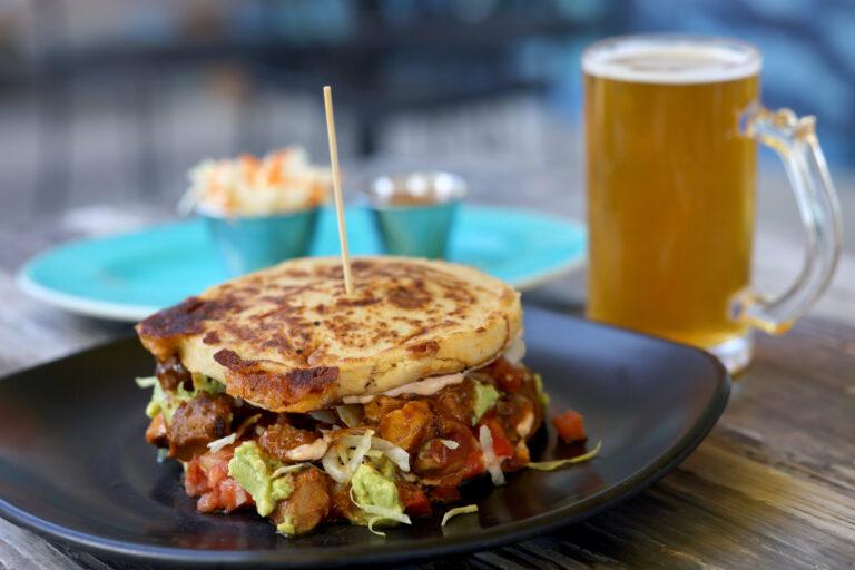 The pupusa burger at Don Julio's Latin Grill in Rohnert Park Monday, April 13, 2026. (Beth Schlanker / The Press Democrat)