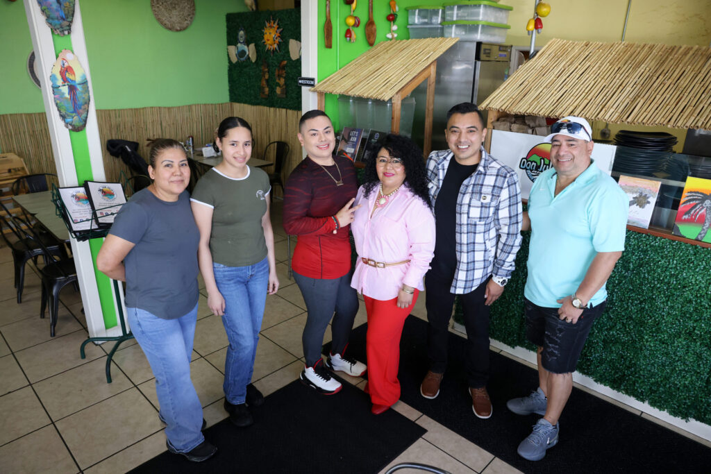 (From right) Don Julio's Latin Grill team members Julio Sanabria, Carlos Alas Grande, Evelyn Sanabria, Cesar Sanabria, Fernanda Duerte and Isabelle Mendez at Don Julio's Latin Grill in Rohnert Park Monday, April 13, 2026. (Beth Schlanker / The Press Democrat)