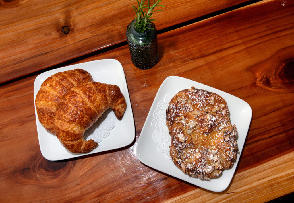 Plain croissants and almond croissants are served at the new Redwood Gospel Baking Company cafe in Santa Rosa, Friday, April 10, 2026. (Darryl Bush/For The Press Democrat)