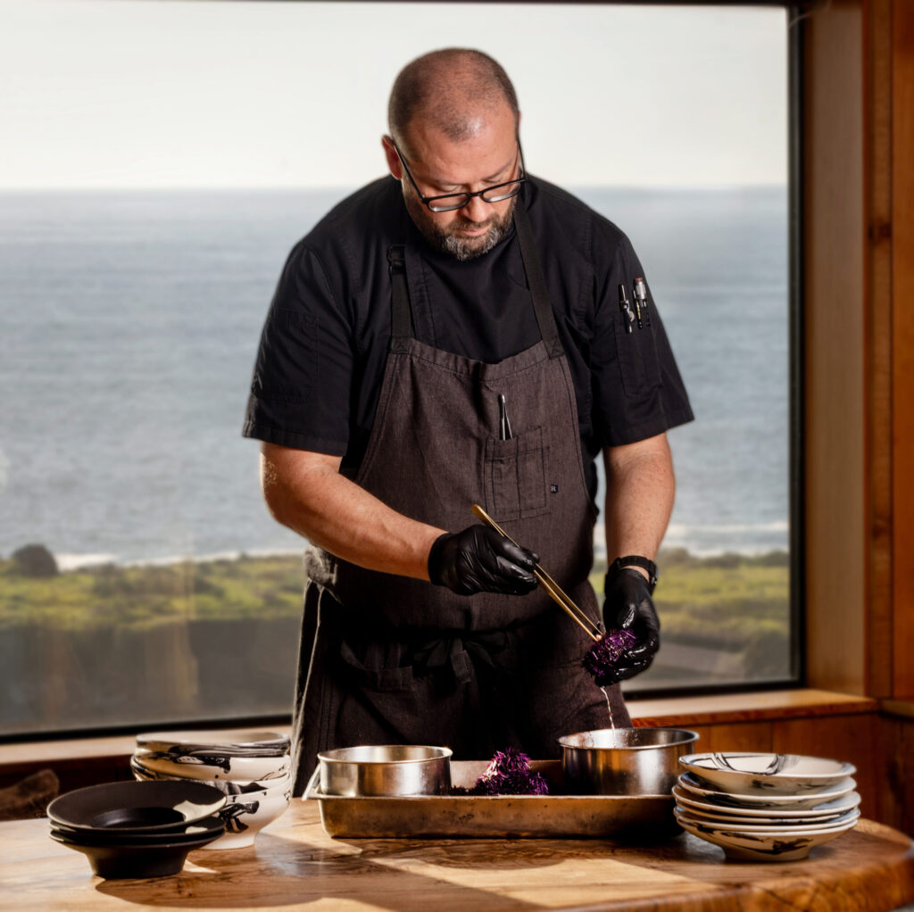 Uni Carbonara with squid ink chimaera pasta, pancetta, furikake and the uni from local purple sea urchins from Sea Ranch Lodge chef Ryan Seal Thursday, Feb. 6, 2026. (John Burgess/The Press Democrat)