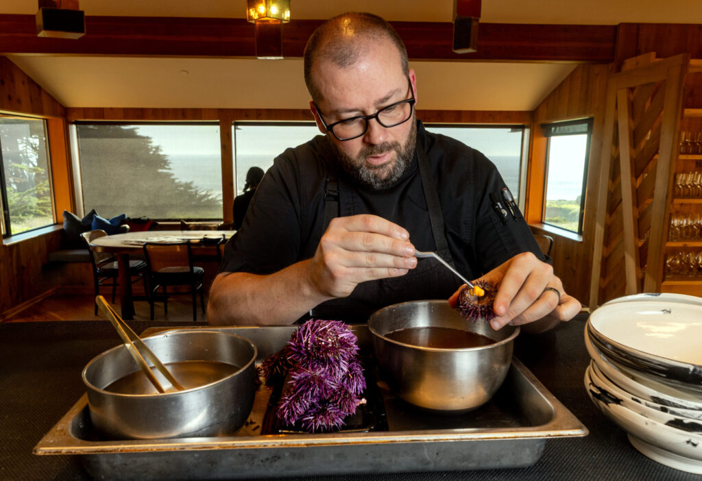 Uni Carbonara with squid ink chimaera pasta, pancetta, furikake and the uni from local purple sea urchins from Sea Ranch Lodge chef Ryan Seal Thursday, Feb. 6, 2026. (John Burgess/The Press Democrat)