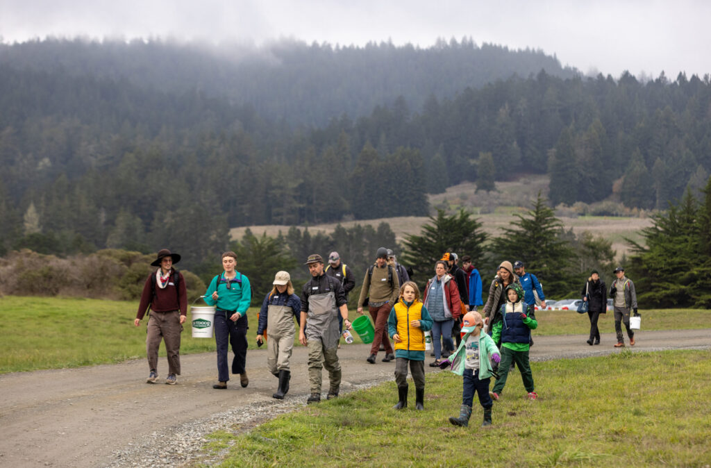 With their buckets and waders, participants in a sea urchin uni foraging class with Fork in the Path tours head past Fort Ross State Historic Park to Sand Beach Cove for the harvest Jan. 18, 2026 on the Sonoma Coast. (John Burgess / The Press Democrat)