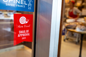 The Slow Food Snail of Approval award Tuesday, Feb. 10, 2026 on the window at Goguette Bread in Santa Rosa. (John Burgess/The Press Democrat)