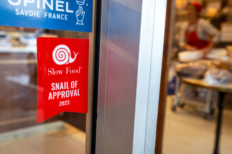The Slow Food Snail of Approval award Tuesday, Feb. 10, 2026 on the window at Goguette Bread in Santa Rosa. (John Burgess/The Press Democrat)