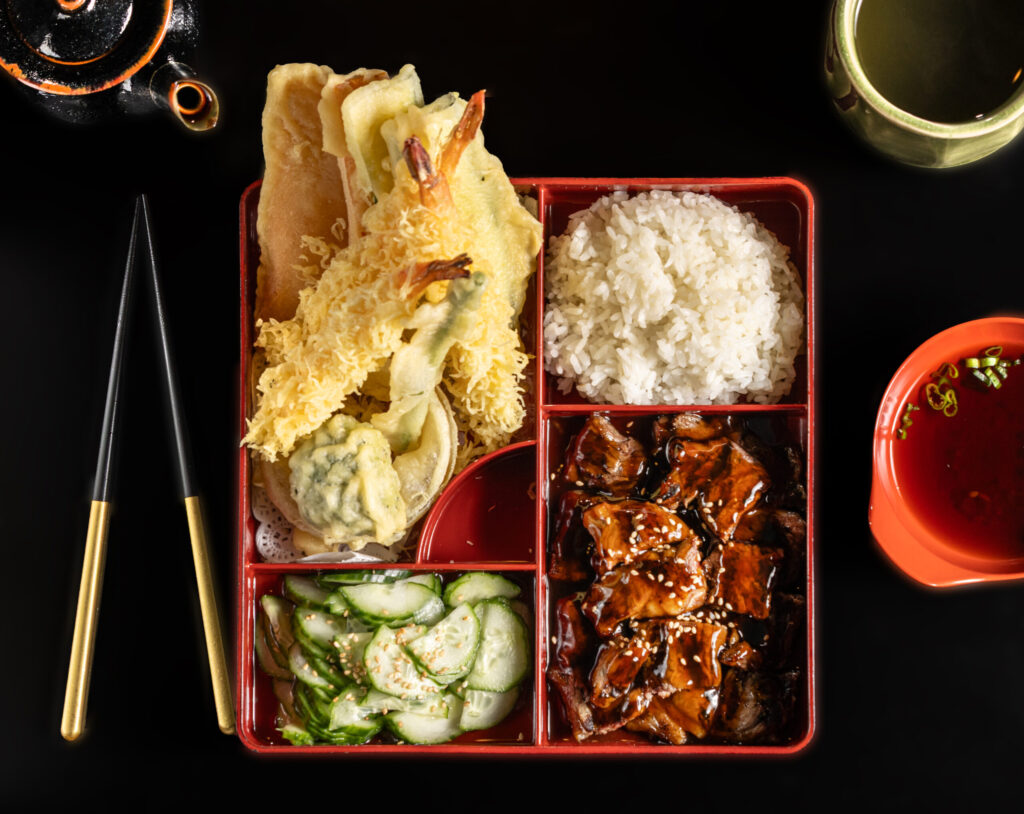 The Osake Executive Bento Dinner with tempura and teriyaki chicken, miso soup, salad and rice from Osake Japanese restaurant Thursday, April 3, 2026 in Santa Rosa. (John Burgess / The Press Democrat)