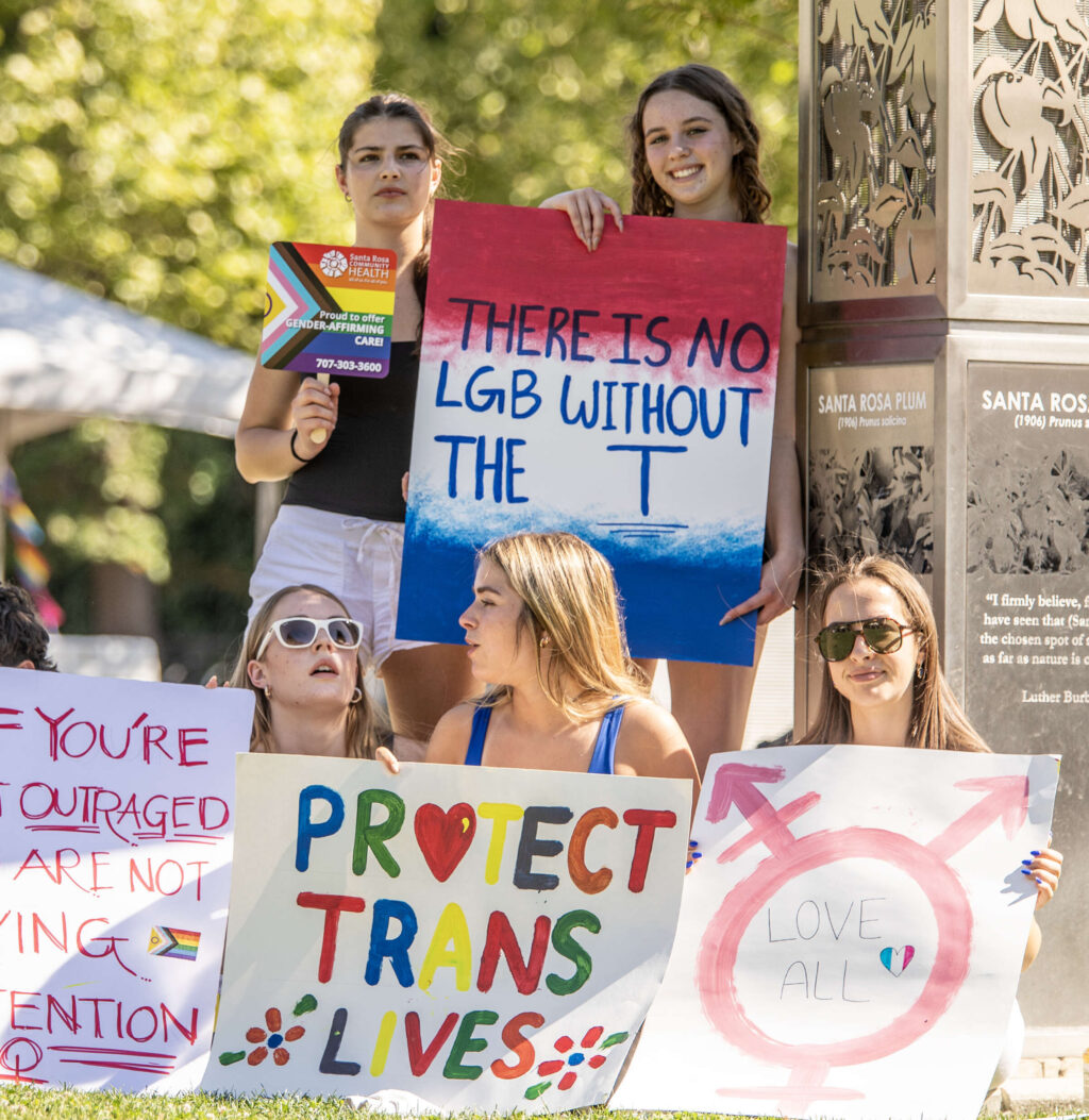 Messages of support displayed by participants during Friday’s Sonoma County Pride Transgender Rally For Our Rights event in Santa Rosa’s Courthouse Square May 30, 2025. (Chad Surmick / The Press Democrat)