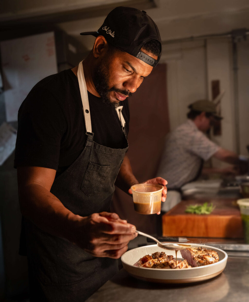 Chef Jevon Martin works out of the tiniest kitchen to create big flavors with local ingredients at Street Social Thursday, August 14, 2025 in Petaluma. (John Burgess / Press Democrat)