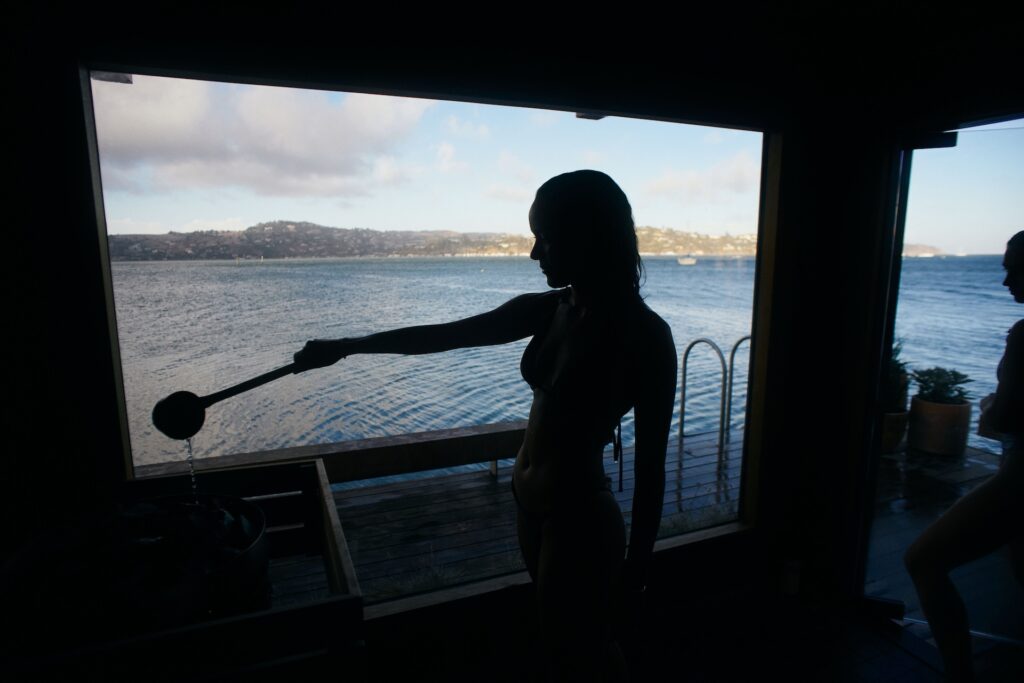Inside FJORD floating sauna in Sausalito, California.