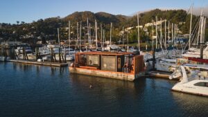 Exterior of floating sauna at a marina in Sausalito, California.