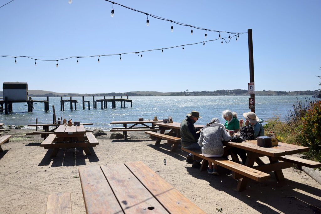 The outdoor seating area at Fishetarian Fish Market in Bodega Bay Monday, May 18, 2026. (Beth Schlanker / The Press Democrat)