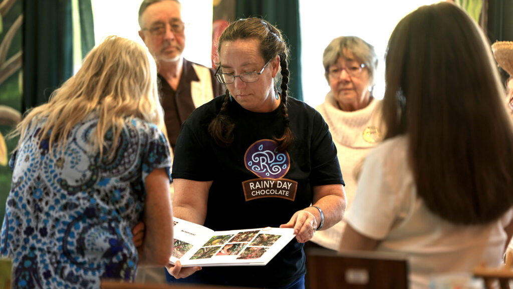 Jennifer Daly, co-owner and CEO of Rainy Day Chocolate in Forestville, Sunday, March 29, 2026, leads a tour of the facility. (Kent Porter / The Press Democrat)