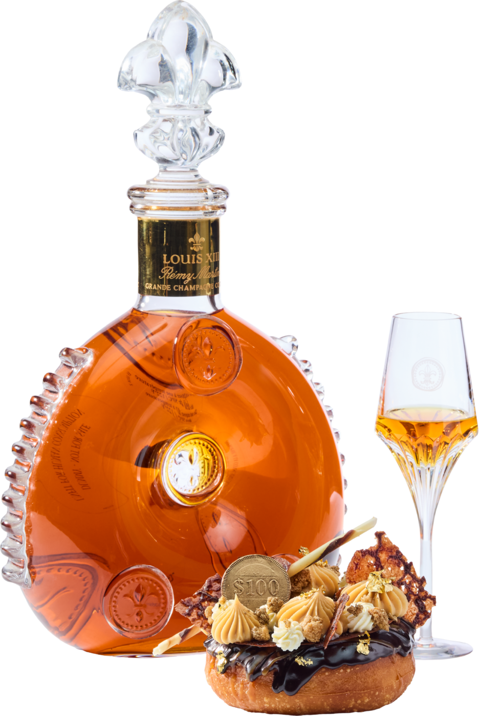The Millionaire’s Doughnut, filled with chocolate-hazelnut cream, gilded with gold leaf and served with a 1-ounce pour of Louis XIII Cognac, from SoCo Dough Co. at Graton Resort & Casino in Rohnert Park. (Graton Resort & Casino)