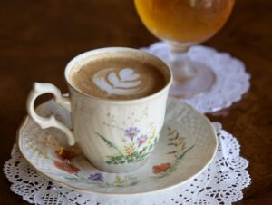 A latte and a glass of One-Way West Coast IPA at Sandpino’s Coffee and Brews in Rohnert Park Friday, March 27, 2026. (Beth Schlanker / The Press Democrat)