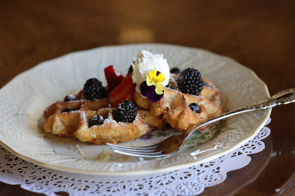 Belgian waffles with berries at Sandpino’s Coffee and Brews in Rohnert Park Friday, March 27, 2026. (Beth Schlanker / The Press Democrat)