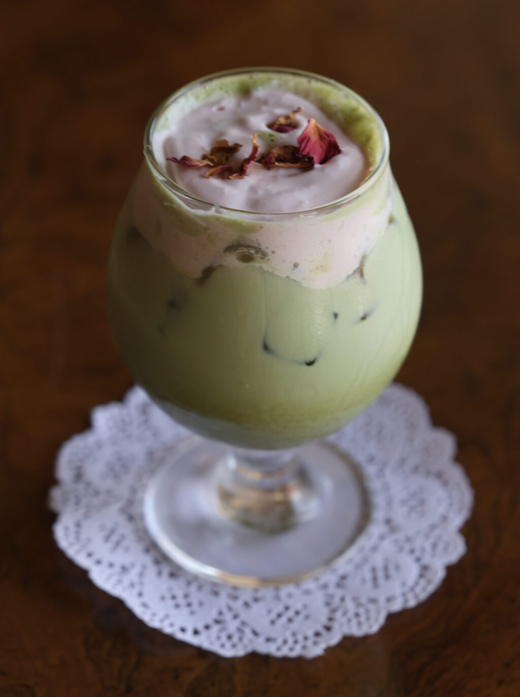 A matcha green tea latte topped with a strawberry cold foam at Sandpino’s Coffee and Brews in Rohnert Park Friday, March 27, 2026. (Beth Schlanker / The Press Democrat)
