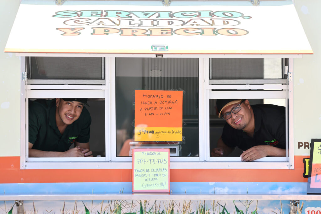 Tortilleria Ortuno owners Elias Garduno, left, and his brother-in-law Jorge Cuiriz in Sonoma Monday, April 6, 2026. (Beth Schlanker / The Press Democrat)