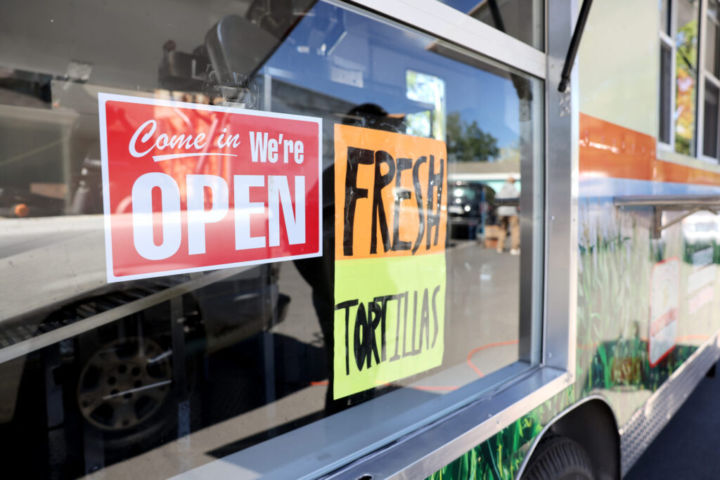 Signs for fresh tortillas at Tortilleria Ortuno in Sonoma Monday, April 6, 2026. (Beth Schlanker / The Press Democrat)