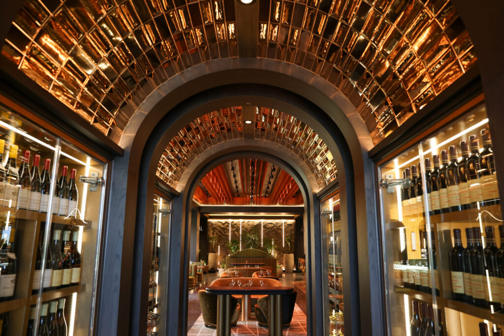 The wine wall entrance to AYA restaurant at Graton Resort and Casino in Rohnert Park on Monday, April 27, 2026. (Christopher Chung/The Press Democrat)