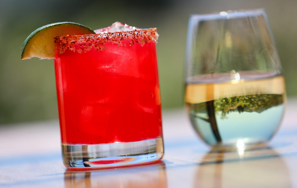 Hibiscus Margarita, left, and Lioco Wines Sonoma County Chardonnay at The Junction in Santa Rosa on Monday, May 18, 2026. (Christopher Chung/The Press Democrat)