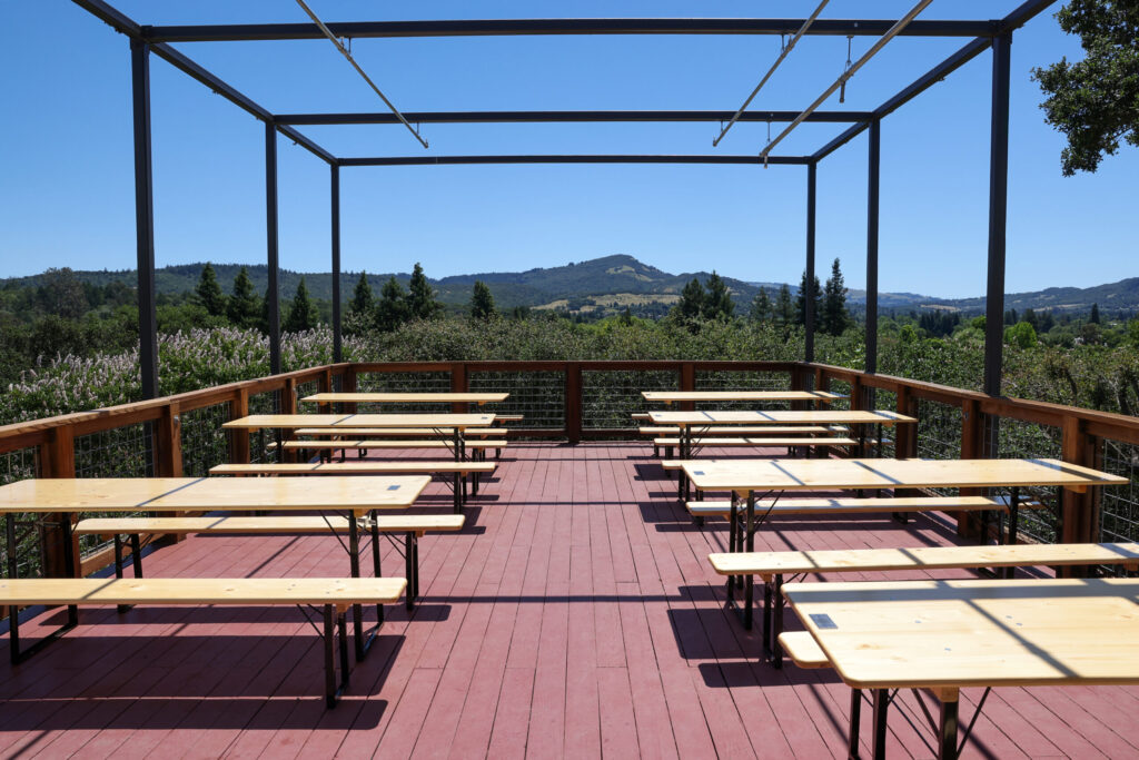 Patio deck seating with a view at The Junction in Santa Rosa on Monday, May 18, 2026. (Christopher Chung/The Press Democrat)