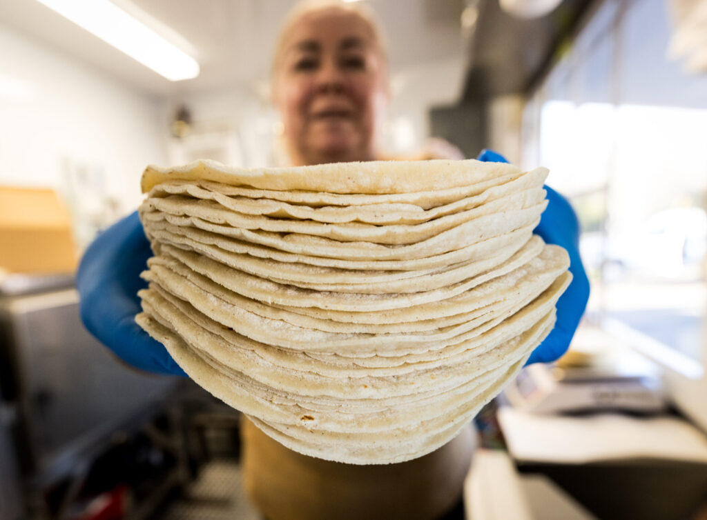 The freshest corn tortillas sold by the pound Friday, Jan. 16, 2026, at the Tortilleria La Loteria fresh tortilla factory food truck on Stony Point Road in Santa Rosa. (John Burgess / The Press Democrat)