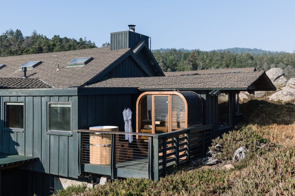 Sauna on a balcony at Timber Cover Resort on the Sonoma Coast, California.