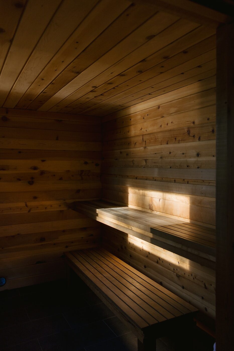 Wood interior of the sauna at the Lodge at Marconi at Tomales Bay in Marin Country, California.
