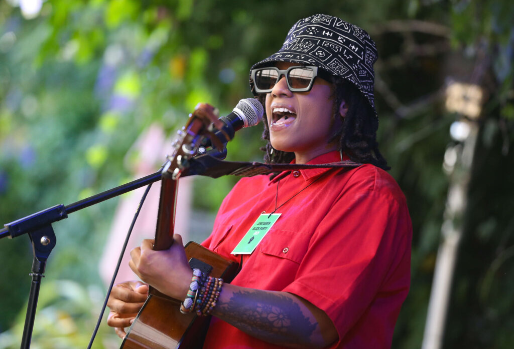 Erica Ambrin performs at Cafe Frida during the Strange Constellation Juneteenth Block Party in Santa Rosa on Wednesday, June 19, 2024. (Christopher Chung/The Press Democrat)