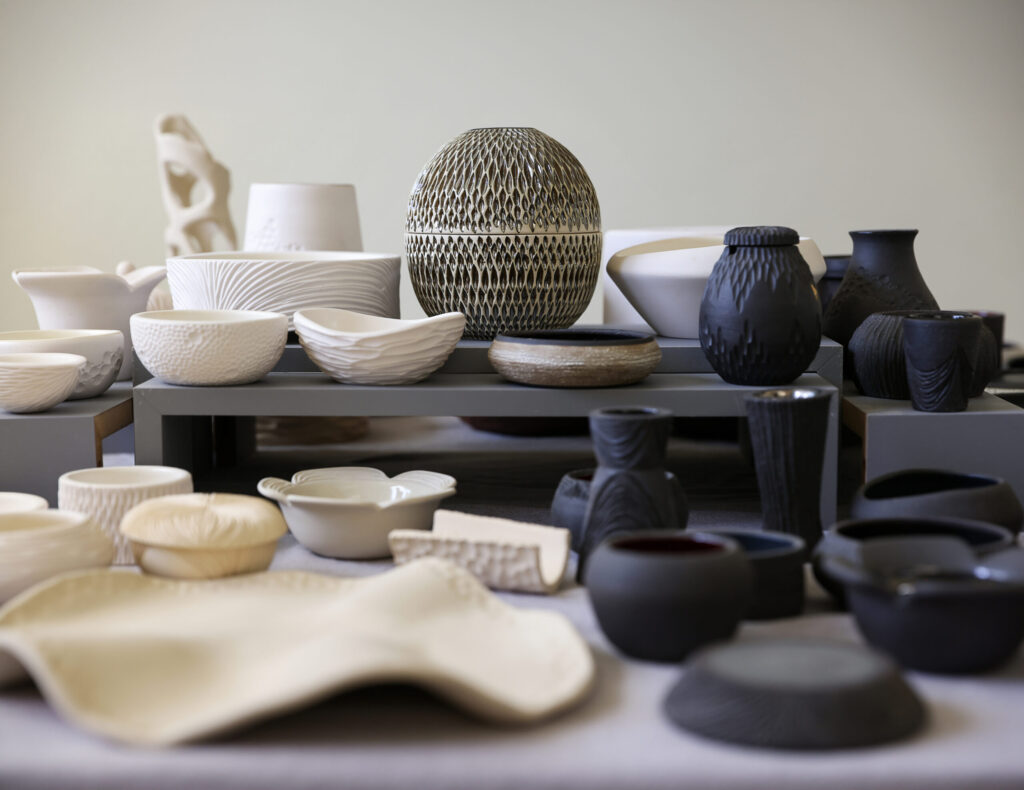 A variety of ceramic pieces by Jee Park, of Seoul Sister Studio, in Healdsburg on Thursday, March 19, 2026. (Christopher Chung/The Press Democrat)
