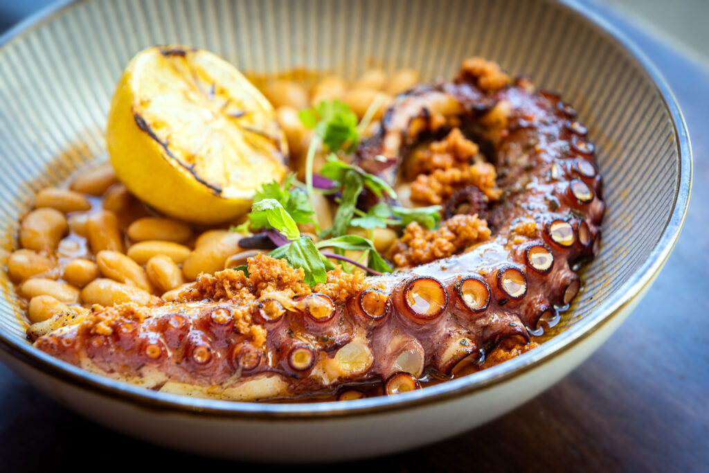 Alibis Pulpo, octopus with njuda and bean stew from Alesta Modern Mediterranean Wednesday, June 3, 2026 in Sebastopol. (John Burgess/The Press Democrat)