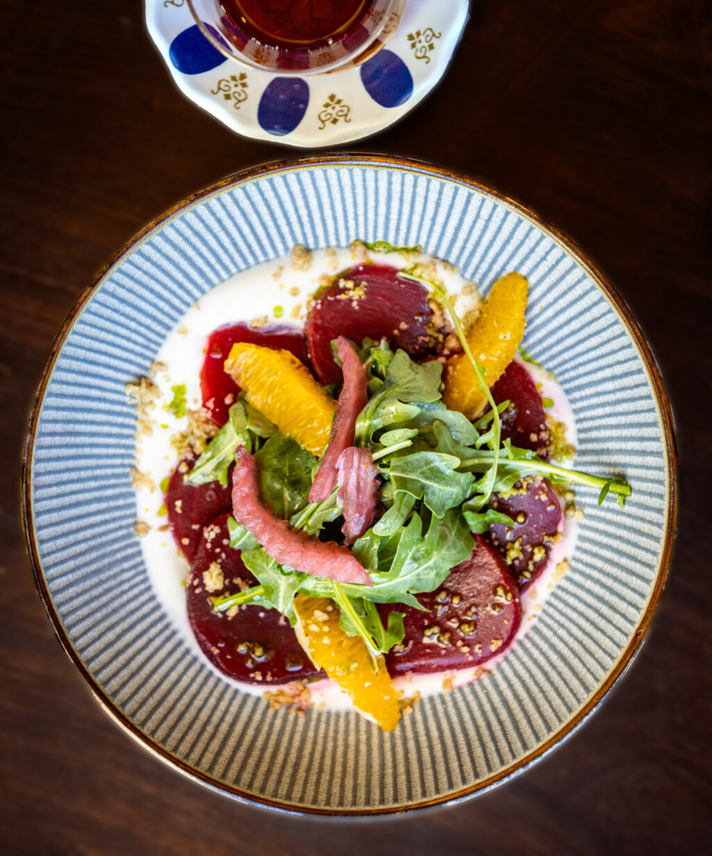 The Mediterranean Salad with beets, honey yogurt, arugula, walnut, orange and pickled onion from Alesta Modern Mediterranean Wednesday, June 3, 2026 in Sebastopol. (John Burgess/The Press Democrat)