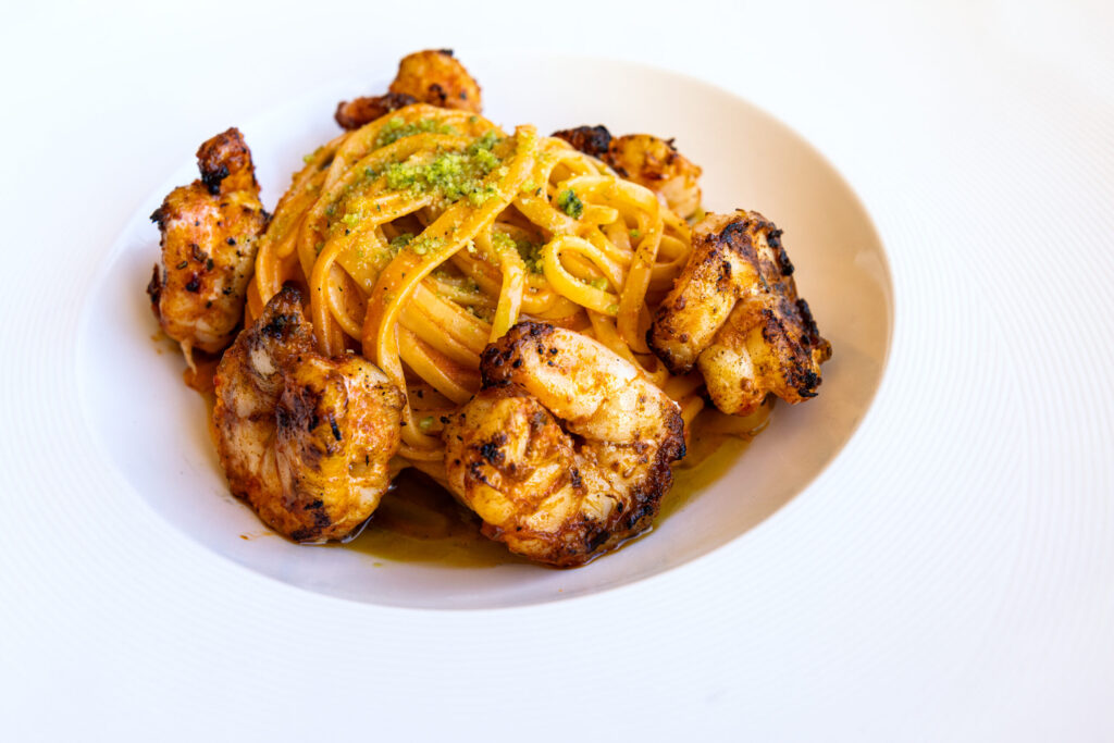 Shrimp Alla Vodka with linguine, basil and Parmesan from Alesta Modern Mediterranean Wednesday, June 3, 2026 in Sebastopol. (John Burgess/The Press Democrat)