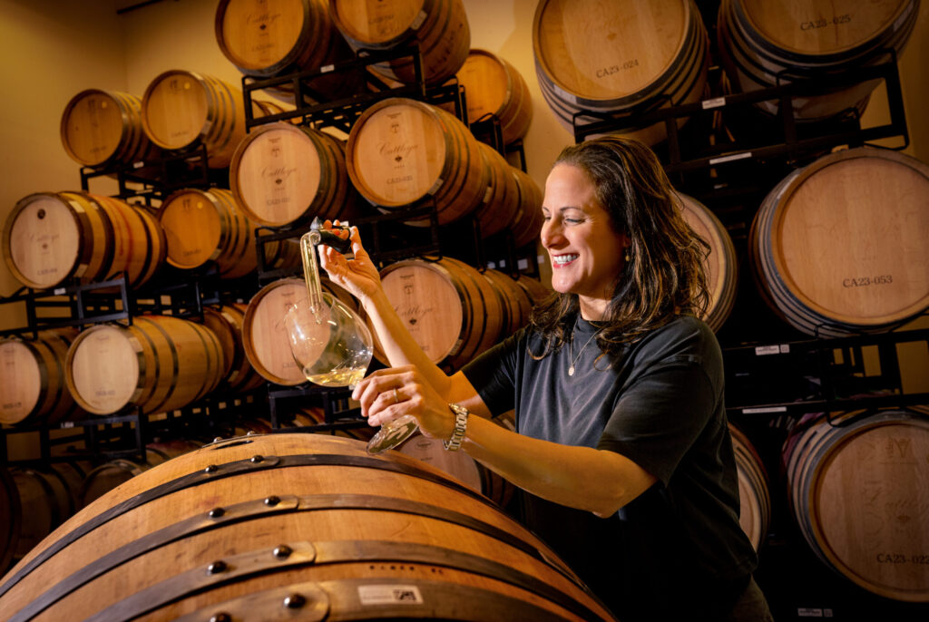 Colombian-born Bibiana Gonzalez treats guests to barrel samples at the Wines by Bibiana tasting room Monday, June 8, 2026 in Rohnert Park. (John Burgess/The Press Democrat)