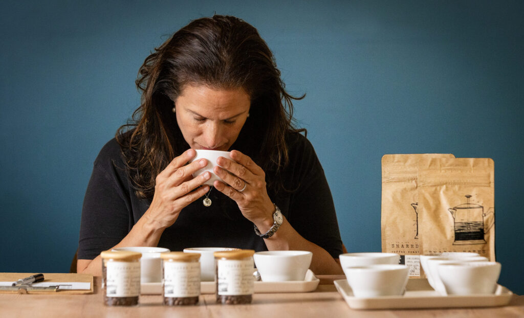 Bibiana Gonzalez’s Shared Notes Coffee tasting experience starts with smelling each roasting variations from single-origin Colombian beans at the Wines by Bibiana tasting room Monday, June 8, 2026 in Rohnert Park. (John Burgess/The Press Democrat)