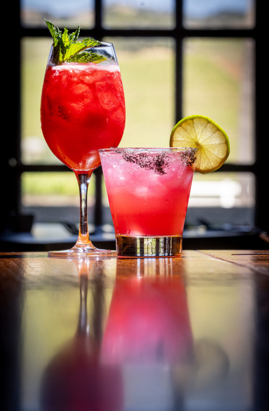 Raspberry Beret cocktail, left, and the popular Hibiscus Margarita from Salt & Stone in the heart of the Sonoma Valley Monday, June 1, 2026 in Kenwood. (John Burgess/The Press Democrat)
