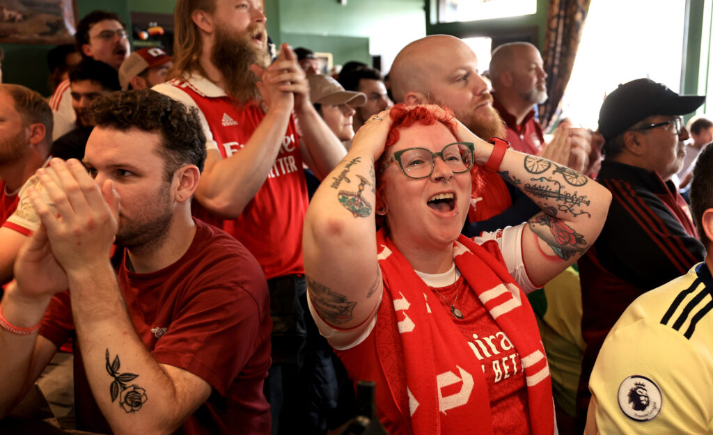 Kassi Hampton from Santa. Rosa reacts to a near goal during the Paris Saint Germain vs Aersenal Champion League finals soccer match, via live-stream at Goose and Fern in Santa Rosa, Saturday, May 30, 2026. (Kent Porter / The Press Democrat)