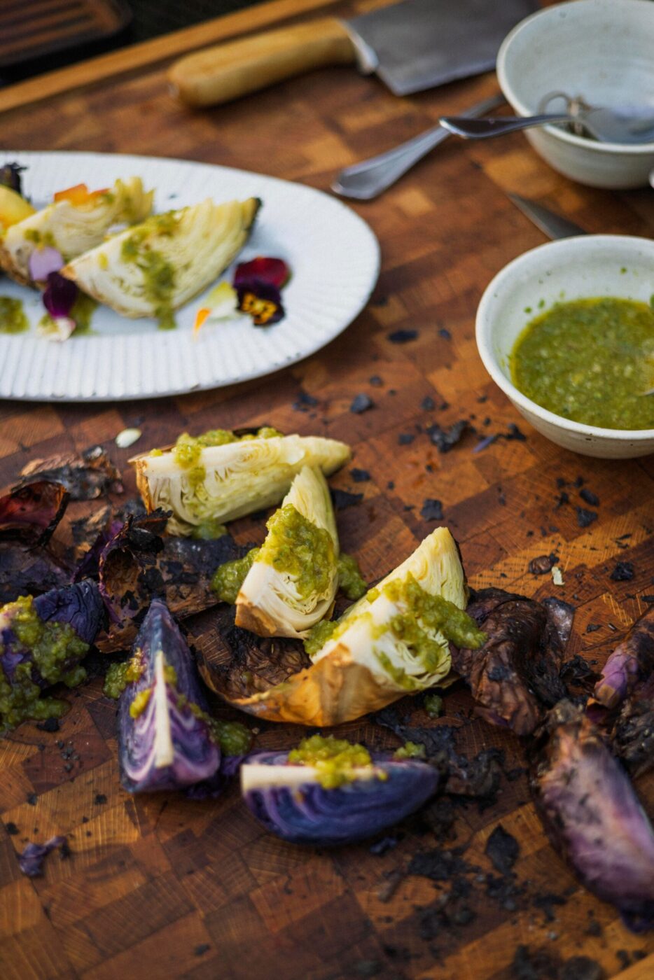 Slow-roasted cabbage topped with a spicy, tangy sauce made with chiles and limes from chef Lee Desrosiers. (Conor Hagen)
