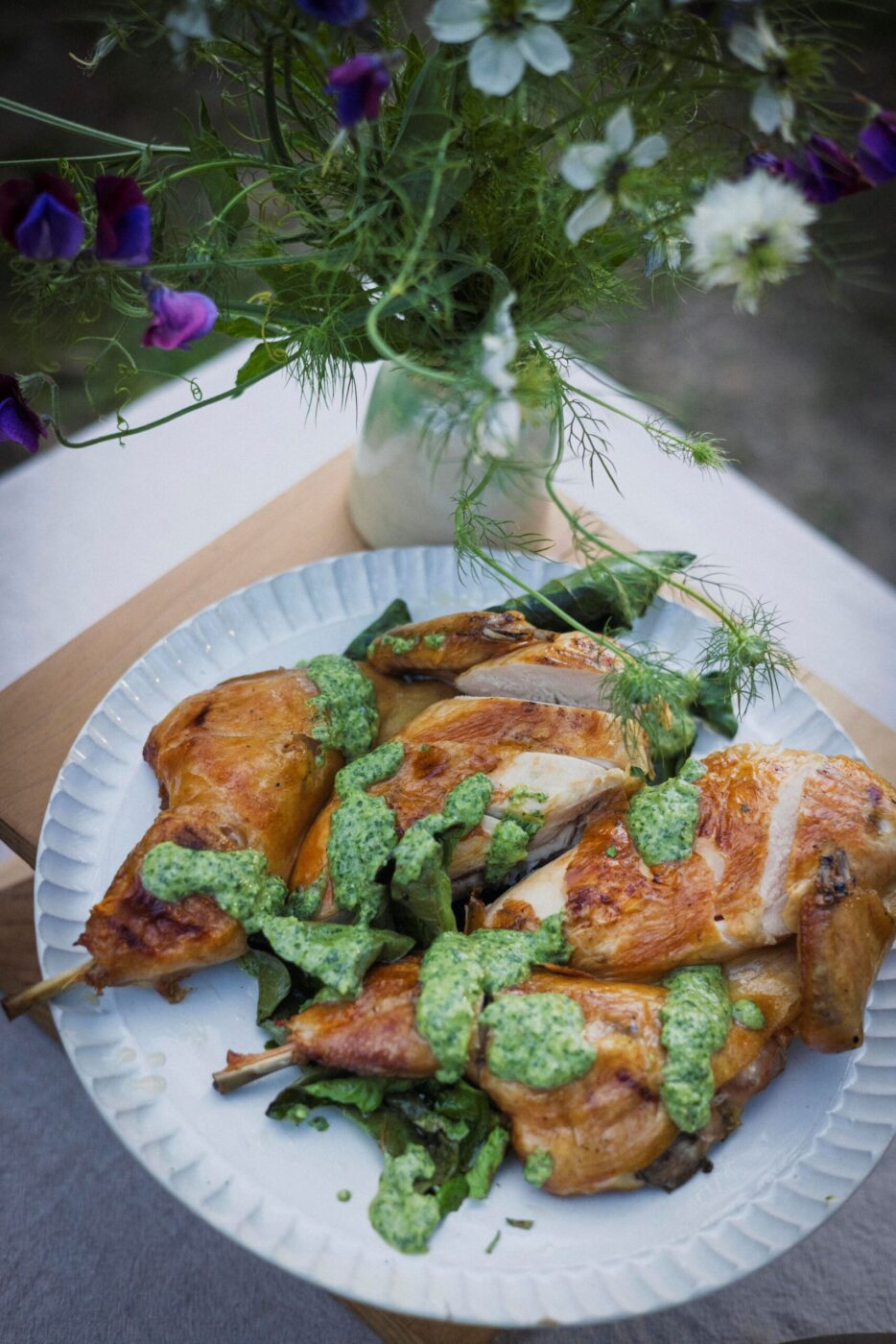 Chef Lee Desrosiers' signature "Hell Chicken" drizzled with a sort-of pesto and chimichurri sauce. (Conor Hagen)