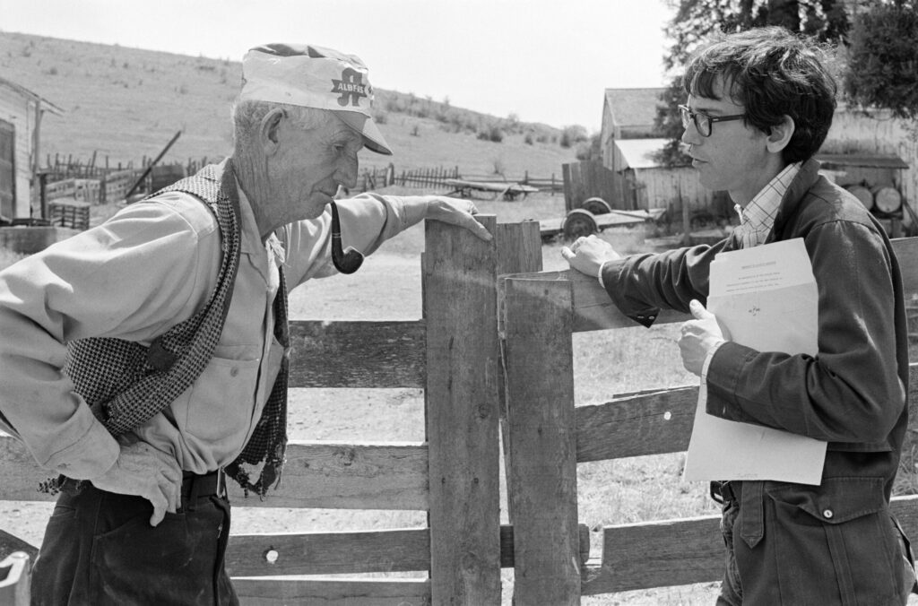 Christo introduces the Running Fence project to rancher David L. McCullough in 1974. (Wolfgang Volz / courtesy Christo and Jeanne-Claude Foundation)