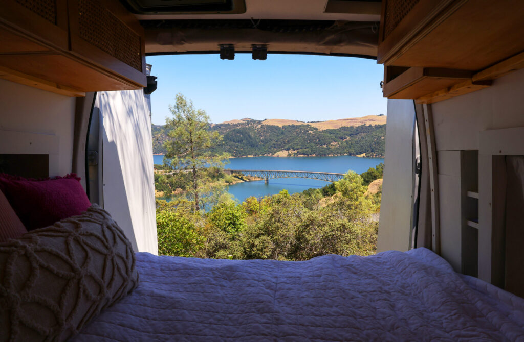 A camper’s view from the rear of their van at the campgrounds at The Ranch at Lake Sonoma on Friday, May 22, 2026. (Christopher Chung/The Press Democrat)