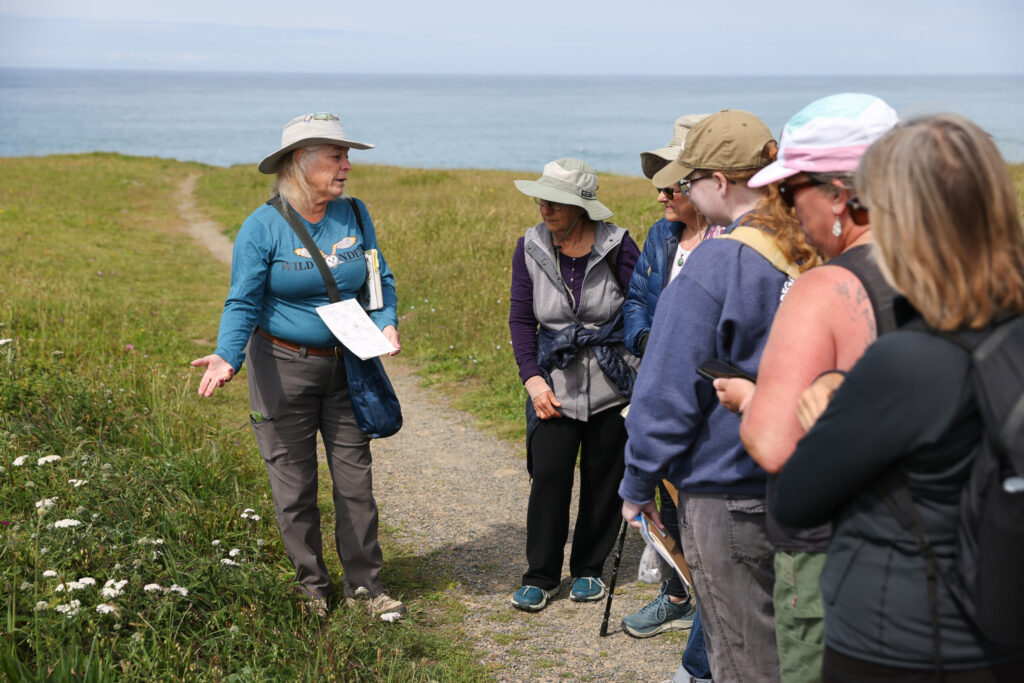California Naturalist Sarah Reid, left, shows a Nature Journaling class different types of things to look for as they hike out onto the bluffs above Shell Beach, north of Bodega Bay on Monday, May 4, 2026. (Christopher Chung/The Press Democrat)
