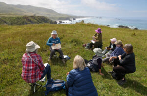 California Naturalist Sarah Reid, second from left, shows a class examples while leading a Nature Journaling class on the bluffs above Shell Beach, north of Bodega Bay on Monday, May 4, 2026. (Christopher Chung/The Press Democrat)