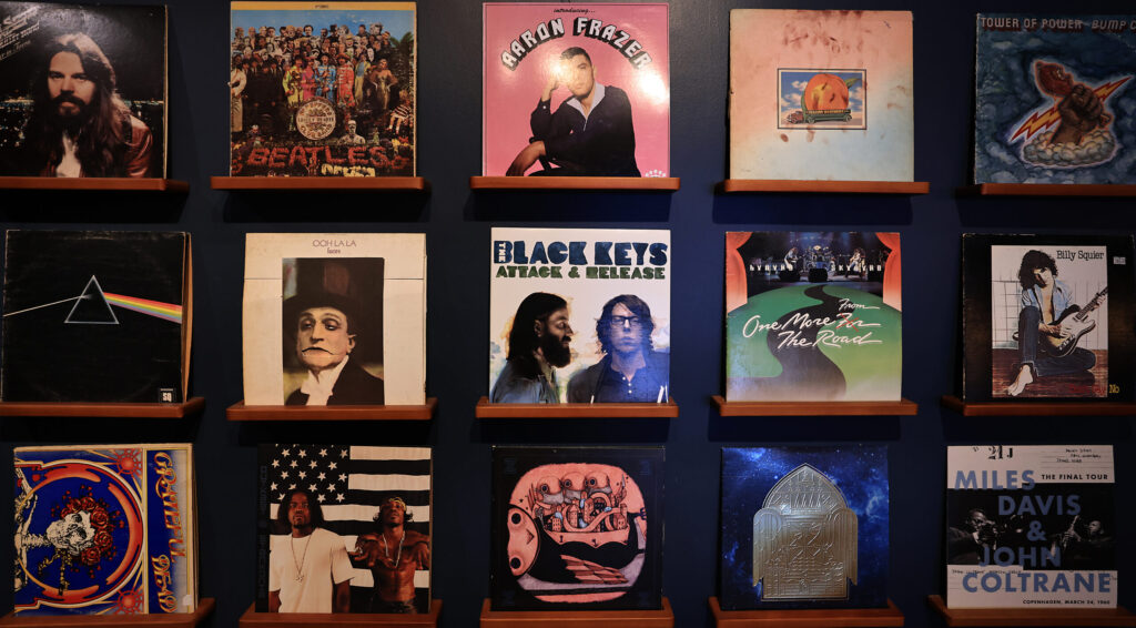 Record albums on display at Benevolent Neglect Wines tasting room in Napa, Friday, July 24, 2026. (Kent Porter / The Press Democrat)