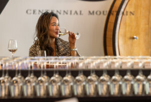 Denise Bee tastes a Carricante Italian varietal while visiting from Hong Kong with her family at the Centennial Mountain tasting room, Friday, July 13, 2026 in Healdsburg. (John Burgess/The Press Democrat)