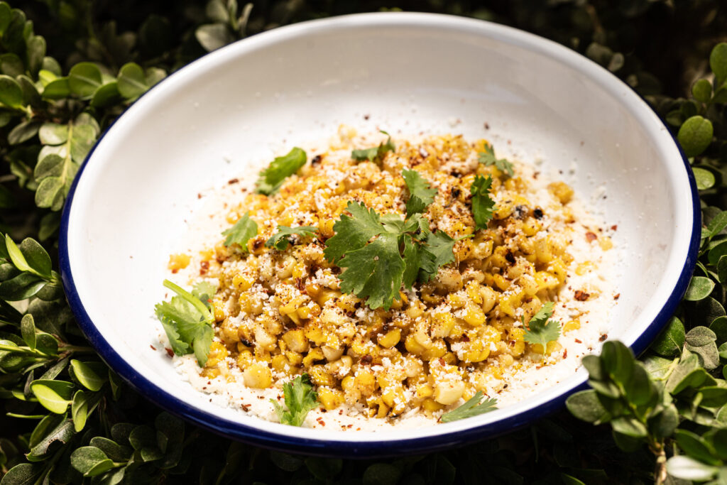 Esquites starts with daily grilled corn, dried chile, lime, cilantro, sheep feta and crema Mexicana from Handline Thursday, July 9, 2026 in Sebastopol. (John Burgess/The Press Democrat)