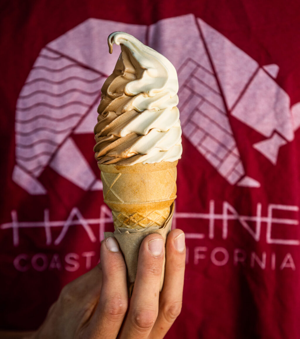 A chocolate/vanilla soft serve cone from Handline Thursday, July 9, 2026 in Sebastopol. (John Burgess/The Press Democrat)